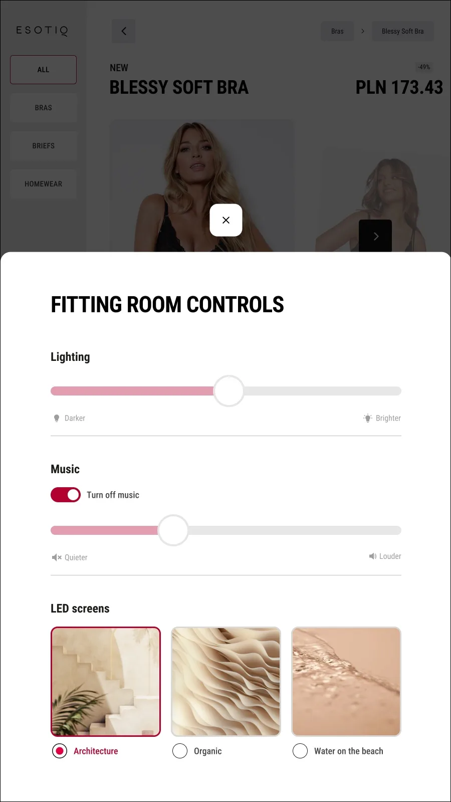 Fitting room controls screen: lighting, music and LED scenes